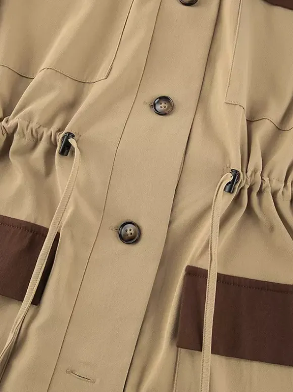 Barn Color Block Women Long Trench Coat - Utility Drawstring Waist Longline Fit - Safari Style Spring Casual Outwear 2026
