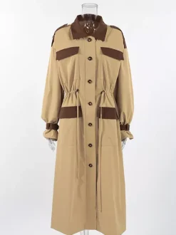 Barn Color Block Women Long Trench Coat - Utility Drawstring Waist Longline Fit - Safari Style Spring Casual Outwear 2026