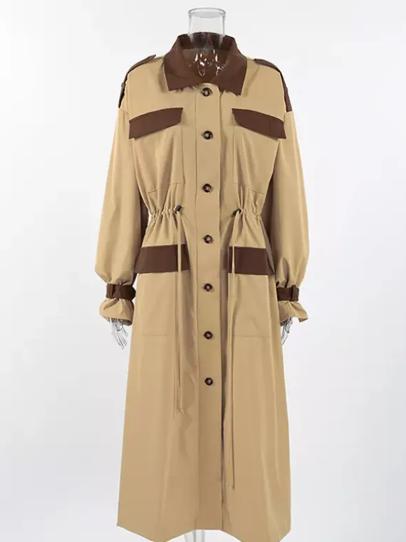 Barn Color Block Women Long Trench Coat - Utility Drawstring Waist Longline Fit - Safari Style Spring Casual Outwear 2026