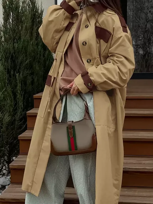 Barn Color Block Women Long Trench Coat - Utility Drawstring Waist Longline Fit - Safari Style Spring Casual Outwear 2026