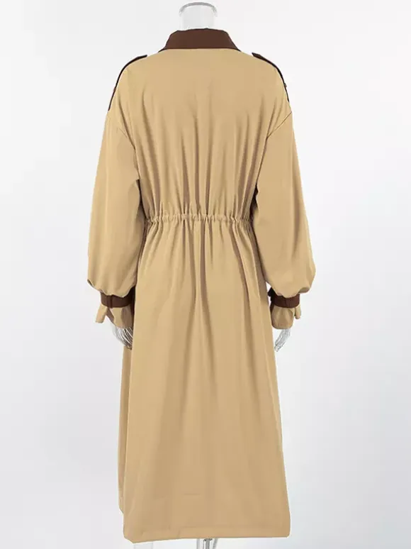 Barn Color Block Women Long Trench Coat - Utility Drawstring Waist Longline Fit - Safari Style Spring Casual Outwear 2026