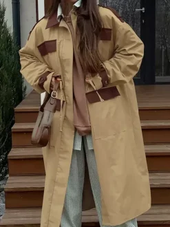 Barn Color Block Women Long Trench Coat - Utility Drawstring Waist Longline Fit - Safari Style Spring Casual Outwear 2026