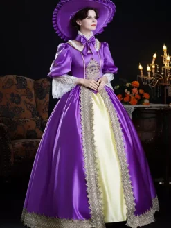 Baroque Women's Dress Vintage Purple Lace Long Sleeves Color Block Ball Gown