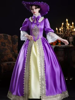 Baroque Women's Dress Vintage Purple Lace Long Sleeves Color Block Ball Gown