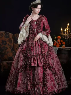 Baroque Women's Dress Vintage Clothing Burgundy Ruffles Long Sleeves Dress