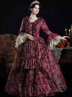 Baroque Women's Dress Vintage Clothing Burgundy Ruffles Long Sleeves Dress