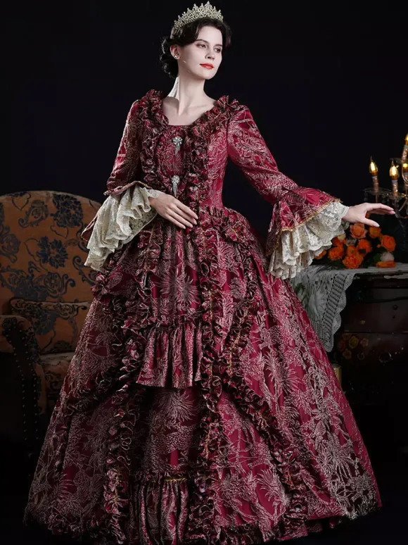 Baroque Women's Dress Vintage Clothing Burgundy Ruffles Long Sleeves Dress