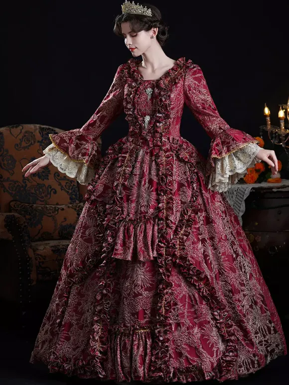 Baroque Women's Dress Vintage Clothing Burgundy Ruffles Long Sleeves Dress