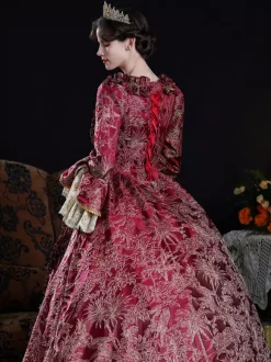 Baroque Women's Dress Vintage Clothing Burgundy Ruffles Long Sleeves Dress