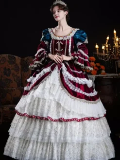 Baroque Women's Dress Vintage Clothing Burgundy Ruffles Lace Long Sleeves Ball Gown