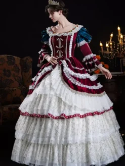 Baroque Women's Dress Vintage Clothing Burgundy Ruffles Lace Long Sleeves Ball Gown