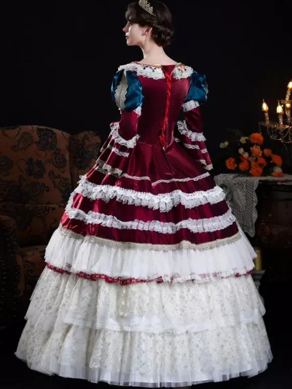 Baroque Women's Dress Vintage Clothing Burgundy Ruffles Lace Long Sleeves Ball Gown