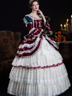 Baroque Women's Dress Vintage Clothing Burgundy Ruffles Lace Long Sleeves Ball Gown