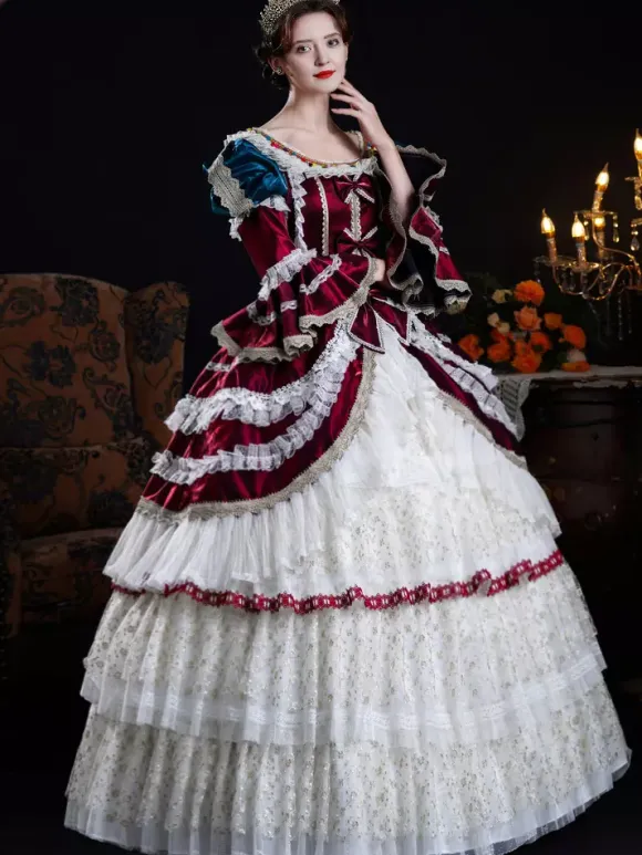 Baroque Women's Dress Vintage Clothing Burgundy Ruffles Lace Long Sleeves Ball Gown