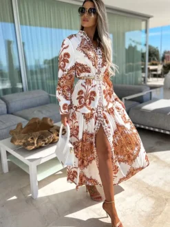 Baroque Emblem Maxi Dress for Women - Scroll Print V Neck Lantern Sleeve High Slit Dress - Spring Resort Wedding Guest 2026