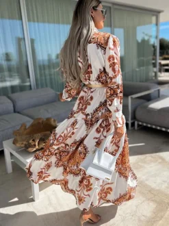 Baroque Emblem Maxi Dress for Women - Scroll Print V Neck Lantern Sleeve High Slit Dress - Spring Resort Wedding Guest 2026