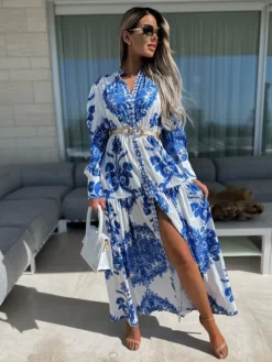 Baroque Emblem Maxi Dress for Women - Scroll Print V Neck Lantern Sleeve High Slit Dress - Spring Resort Wedding Guest 2026
