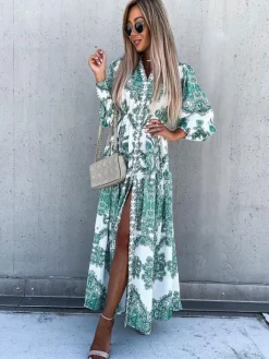 Baroque Emblem Maxi Dress for Women - Scroll Print V Neck Lantern Sleeve High Slit Dress - Spring Resort Wedding Guest 2026