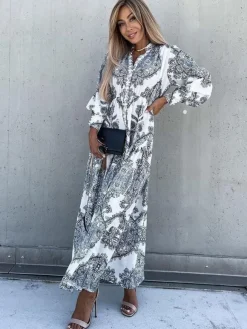 Baroque Emblem Maxi Dress for Women - Scroll Print V Neck Lantern Sleeve High Slit Dress - Spring Resort Wedding Guest 2026