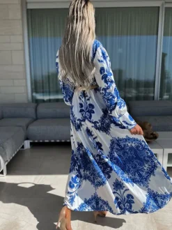 Baroque Emblem Maxi Dress for Women - Scroll Print V Neck Lantern Sleeve High Slit Dress - Spring Resort Wedding Guest 2026