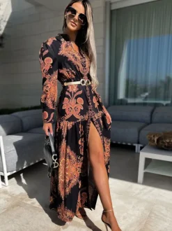 Baroque Emblem Maxi Dress for Women - Scroll Print V Neck Lantern Sleeve High Slit Dress - Spring Resort Wedding Guest 2026