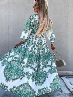 Baroque Emblem Maxi Dress for Women - Scroll Print V Neck Lantern Sleeve High Slit Dress - Spring Resort Wedding Guest 2026
