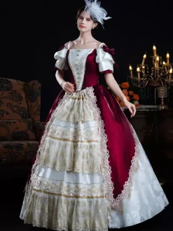 Baroque Women's Dress Vintage Clothing Champagne Lace Short Sleeves Dress