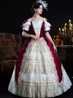 Baroque Women's Dress Vintage Clothing Champagne Lace Short Sleeves Dress