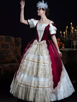 Baroque Women's Dress Vintage Clothing Champagne Lace Short Sleeves Dress