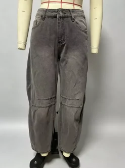 Barrel Leg Jeans For Women - Horseshoe Cut Baggy Wide Leg Denim Trousers With Seam Detail - Spring Casual Streetwear 2026