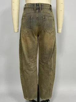 Barrel Leg Jeans For Women - Horseshoe Cut Baggy Wide Leg Denim Trousers With Seam Detail - Spring Casual Streetwear 2026