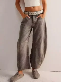 Barrel Leg Jeans For Women - Horseshoe Cut Baggy Wide Leg Denim Trousers With Seam Detail - Spring Casual Streetwear 2026