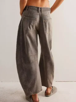 Barrel Leg Jeans For Women - Horseshoe Cut Baggy Wide Leg Denim Trousers With Seam Detail - Spring Casual Streetwear 2026