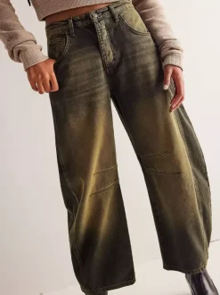 Barrel Leg Jeans For Women - Horseshoe Cut Baggy Wide Leg Denim Trousers With Seam Detail - Spring Casual Streetwear 2026
