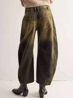 Barrel Leg Jeans For Women - Horseshoe Cut Baggy Wide Leg Denim Trousers With Seam Detail - Spring Casual Streetwear 2026