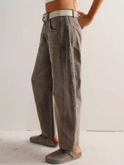 Barrel Leg Jeans For Women - Horseshoe Cut Baggy Wide Leg Denim Trousers With Seam Detail - Spring Casual Streetwear 2026
