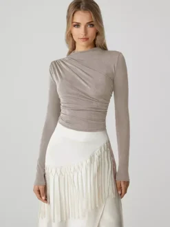 Basic T-Shirt For Women Long Sleeves Pleated Half Turtleneck Slim Fit Spring Tops 2026