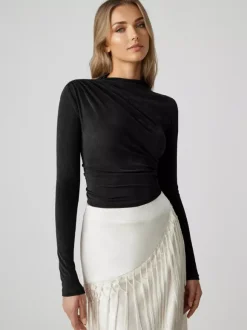 Basic T-Shirt For Women Long Sleeves Pleated Half Turtleneck Slim Fit Spring Tops 2026