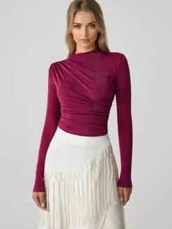 Basic T-Shirt For Women Long Sleeves Pleated Half Turtleneck Slim Fit Spring Tops 2026