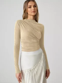 Basic T-Shirt For Women Long Sleeves Pleated Half Turtleneck Slim Fit Spring Tops 2026