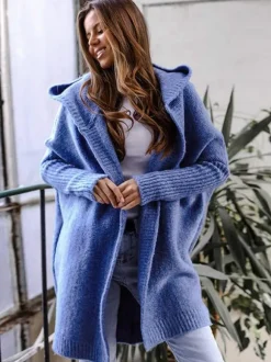 Batwing Sleeves Cardigan Hooded Open Front Solid Color Sweaters