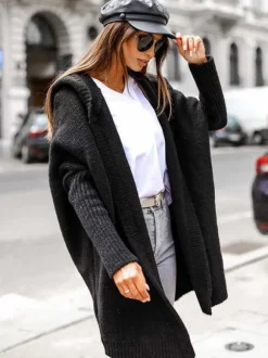 Batwing Sleeves Cardigan Hooded Open Front Solid Color Sweaters
