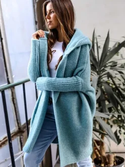 Batwing Sleeves Cardigan Hooded Open Front Solid Color Sweaters