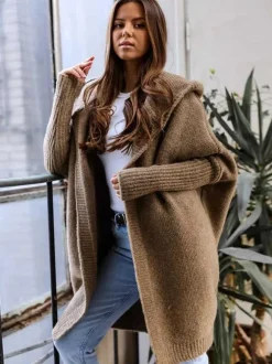 Batwing Sleeves Cardigan Hooded Open Front Solid Color Sweaters