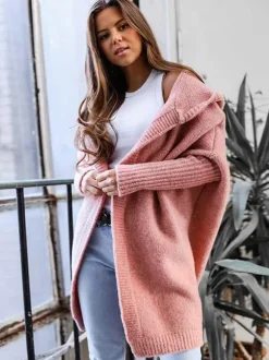 Batwing Sleeves Cardigan Hooded Open Front Solid Color Sweaters