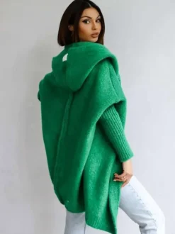 Batwing Sleeves Cardigan Hooded Open Front Solid Color Sweaters