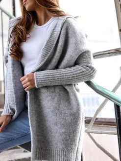 Batwing Sleeves Cardigan Hooded Open Front Solid Color Sweaters