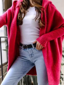Batwing Sleeves Cardigan Hooded Open Front Solid Color Sweaters