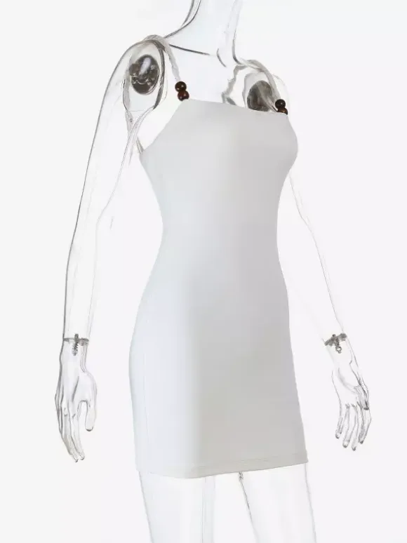 Beaded Strap Women's Mini Dress - Minimalist White Cami Bodycon - Coastal Grandmother Summer Vacation Beach Dress 2026