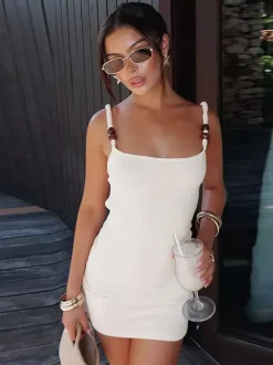Beaded Strap Women's Mini Dress - Minimalist White Cami Bodycon - Coastal Grandmother Summer Vacation Beach Dress 2026